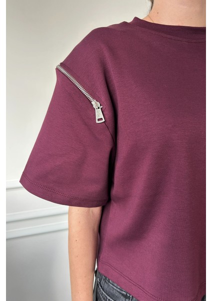 Fermuarlı Vatkalı Tshirt- Bordo indirimleri