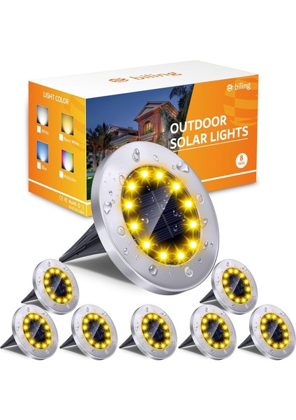 Güneş Enerjili Yol Işıkları 12 LED Su Geçirmez - Sıcak Beyaz - 8 Adet