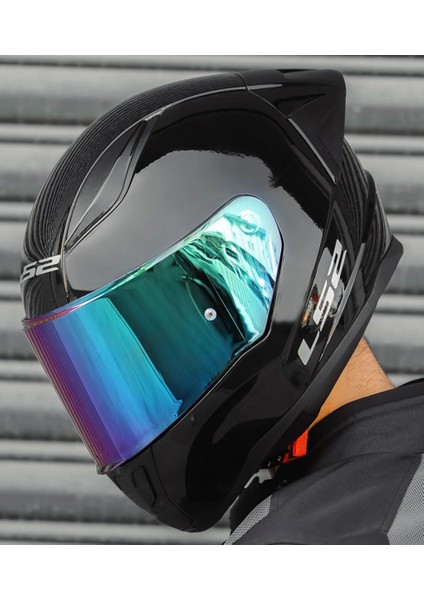 Rapıd 2 Race Parlak Siyah Kapalı Motosiklet Kaskı Gökkuşağı Camlı