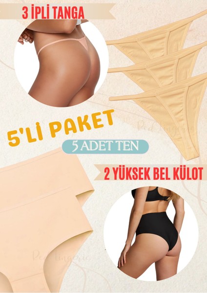 Highwaist Yüksek Bel Slip Külot-Ip Askılı Tanga Pamuklu 5'li Paket (Likralı, Yumuşak,esnek Kumaş)