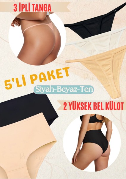 Highwaist Yüksek Bel Slip Külot-Ip Askılı Tanga Pamuklu 5'li Paket (Likralı, Yumuşak,esnek Kumaş)