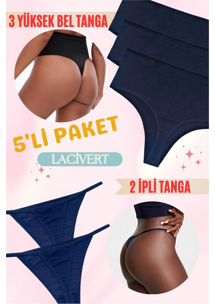 Highwaist Yüksek Bel Tanga-Ip Askılı Tanga Pamuk 5'li Paket (Yumuşak, Esnek, Likralı)