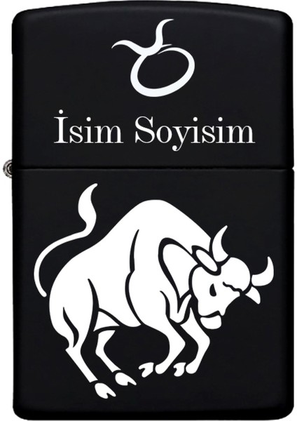 Boğa Burcu Desenli Kişiye Özel Burç Isimli Benzinli Siyah Metal Çakmak