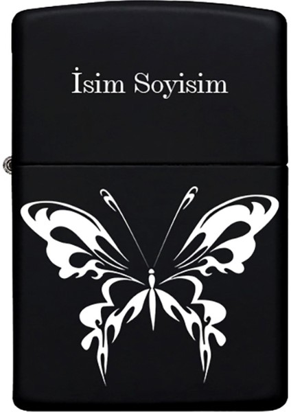Kelebek Desenli Kişiye Özel Isimli Benzinli Siyah Metal Çakmak