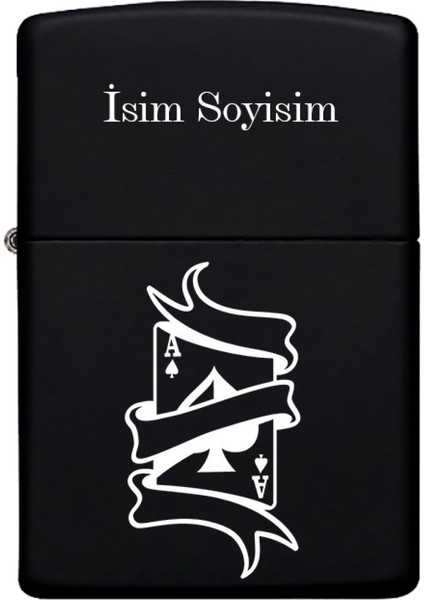 Kart Desenli Kişiye Özel Isimli Benzinli Siyah Metal Çakmak