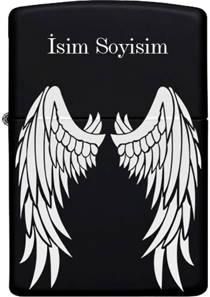 Kanat Desenli Kişiye Özel Isimli Benzinli Siyah Metal Çakmak 2