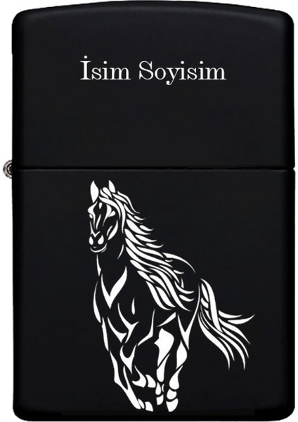 At Desenli Kişiye Özel Isimli Benzinli Siyah Metal Çakmak 6