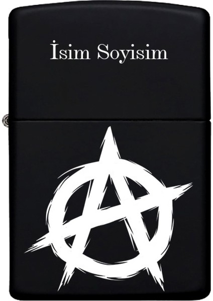 Anarchy Desenli Kişiye Özel Isimli Benzinli Siyah Metal Çakmak