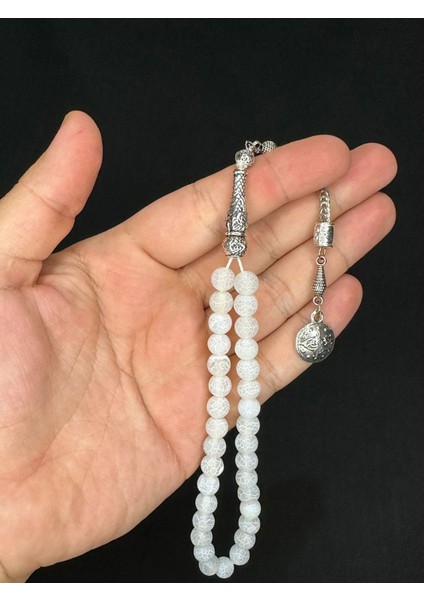 Beyaz Akik Desenli Doğaltaş Tesbih Küre Kesim T-551