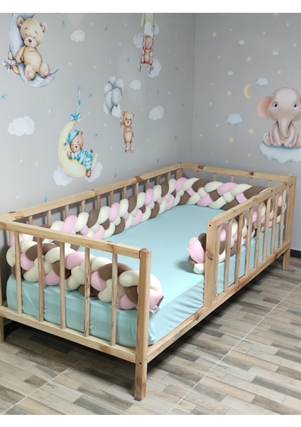 500 cm Örgü Korumalık Kahverengi-Tozpembe-Beyaz 4'lü Örgü / 90X190 Montessori Yatak Kapı Boşluğu Açık