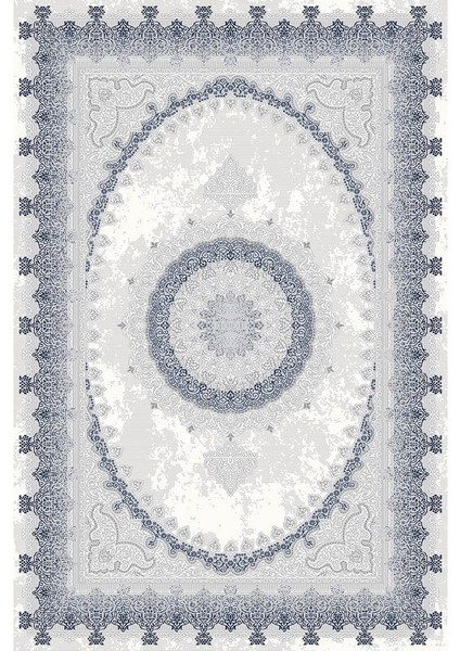 Parma Mavi Halı Gri Krem Halı Göbekli Desen Yumuşak Antialerjik Mikrofiber Polyester Salon Halısı Tozuyok Halı