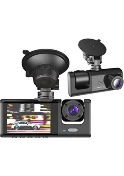 Siyah 1080P Araç Içi 3 Kameralı LCD Ekranlı Gece Görüşlü , G-Sensör , Geri Görüş Kameralı Yol Kayıt Araç Kamerası