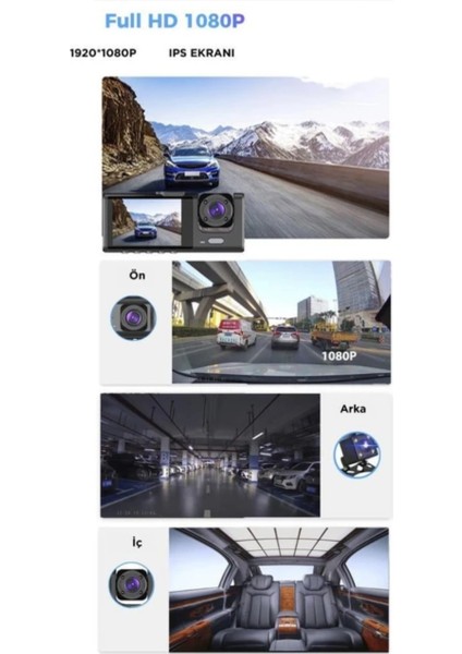 Siyah 1080P Araç Içi 3 Kameralı LCD Ekranlı Gece Görüşlü , G-Sensör , Geri Görüş Kameralı Yol Kayıt Araç Kamerası fırsatları