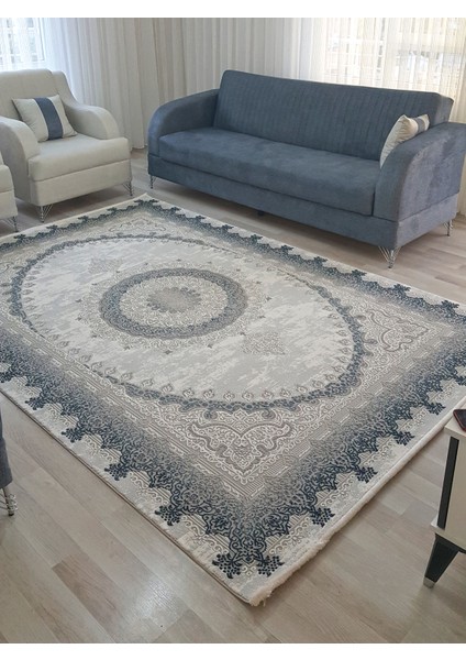 Parma Mavi Halı Gri Krem Halı Göbekli Desen Yumuşak Antialerjik Mikrofiber Polyester Salon Halısı Tozuyok Halı indirimleri