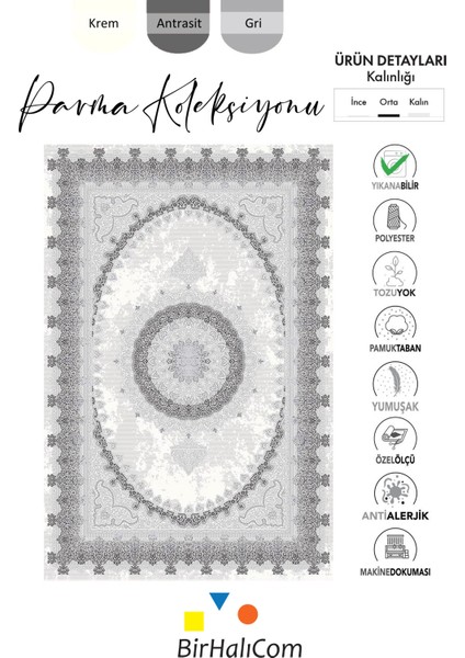 Parma Antrasit Halı Gri Halı Göbekli Desen Yumuşak Antialerjik Mikrofiber Polyester Salon Halısı Tozuyok Halı fırsatları