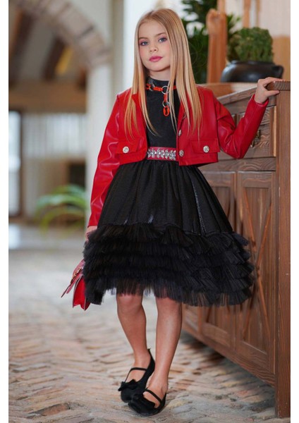 Kız Çocuk Sıfır Kol Beli Taş Şerit Detaylı Eteği Kat Kat Tüllü Parlak Deri Ceketli Siyah Elbise