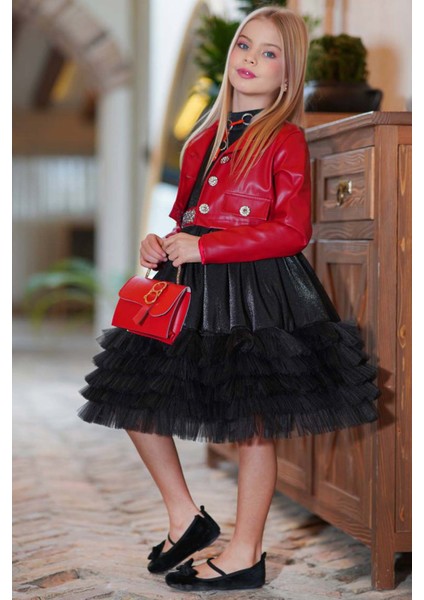 Kız Çocuk Sıfır Kol Beli Taş Şerit Detaylı Eteği Kat Kat Tüllü Parlak Deri Ceketli Siyah Elbise fiyatları