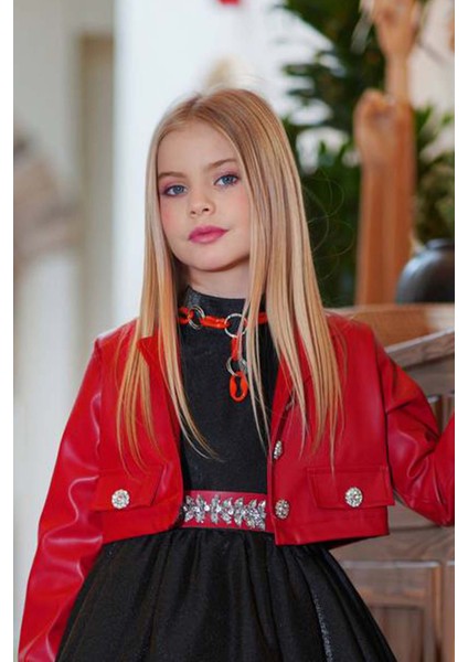 Kız Çocuk Sıfır Kol Beli Taş Şerit Detaylı Eteği Kat Kat Tüllü Parlak Deri Ceketli Siyah Elbise fırsatları