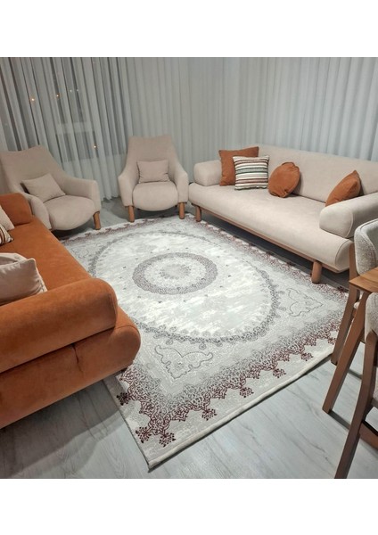 Parma Kiremit Halı Gri Krem Halı Göbekli Desen Yumuşak Antialerjik Mikrofiber Polyester Salon Halısı Tozuyok Halı modelleri