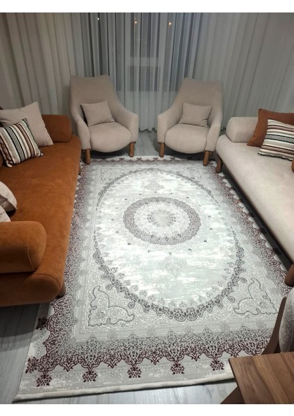 Parma Kiremit Halı Gri Krem Halı Göbekli Desen Yumuşak Antialerjik Mikrofiber Polyester Salon Halısı Tozuyok Halı fırsatları