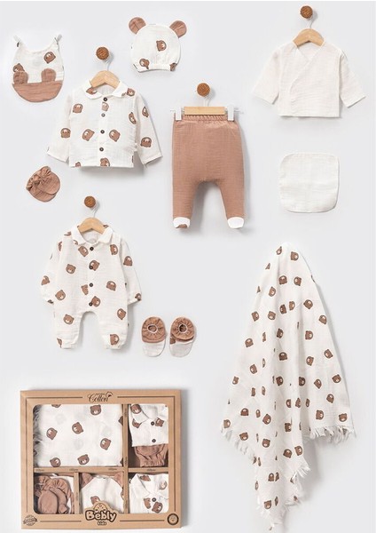 10002BK Erkek Bebek Ayıcıklı Müslin Kutulu Organik 10'lu Hastane Çıkış Seti