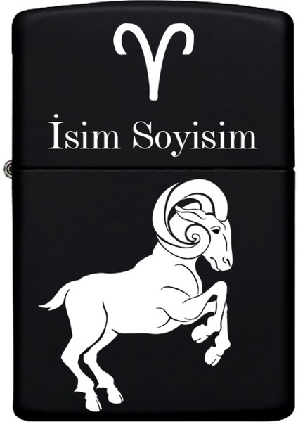 Koç Burcu Desenli Kişiye Özel Burç Isimli Benzinli Siyah Metal Çakmak