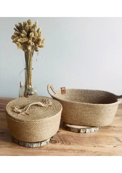 Çok Amaçlı Hasır Sepet 2'li Organizer Yuvarlak Kapaklı ve Oval Sepet Takımı