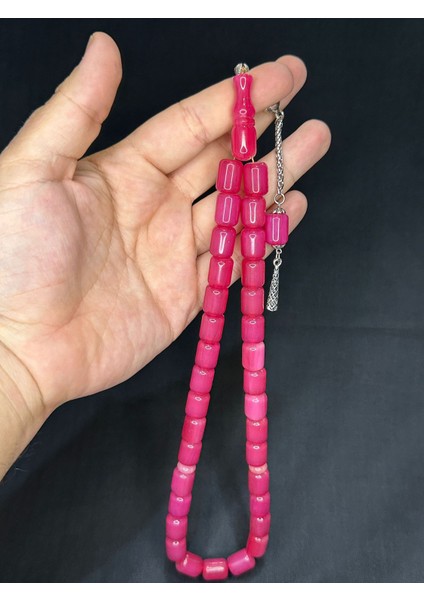 Sıkma Kehribar Tesbih Büyük Boy Pembe Renk 14 mm x 11 mm T-518