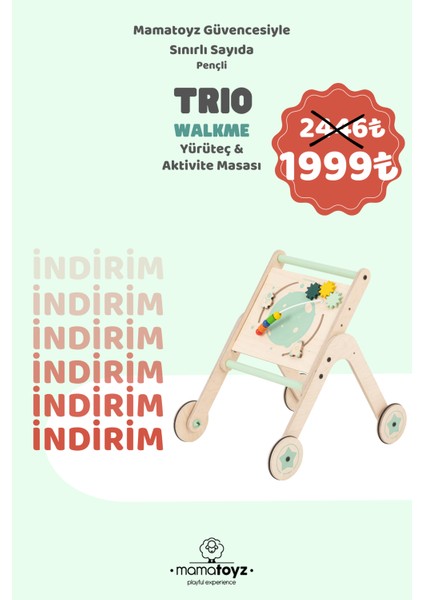 Trio Walkme Ahşap Yürüteç ve Aktivite Masası - Ilk Adım Arabası (Outlet) 1. Yaş Doğum Günü Hediyesi