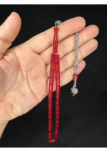 Gümüş Işlemeli Ateş Kehribar Tesbih Kırmızı Renkli Kesme Kesim 10,5mmx5,5mm T-649