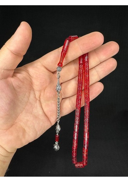 Gümüş Işlemeli Ateş Kehribar Tesbih Kırmızı Renkli Kesme Kesim 10,5mmx5,5mm T-649