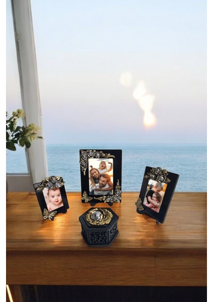 Gül ve Kelebek Motifli Polyester Fotoğraf Çerçeveleri ve Şekerlik - Siyah/altın