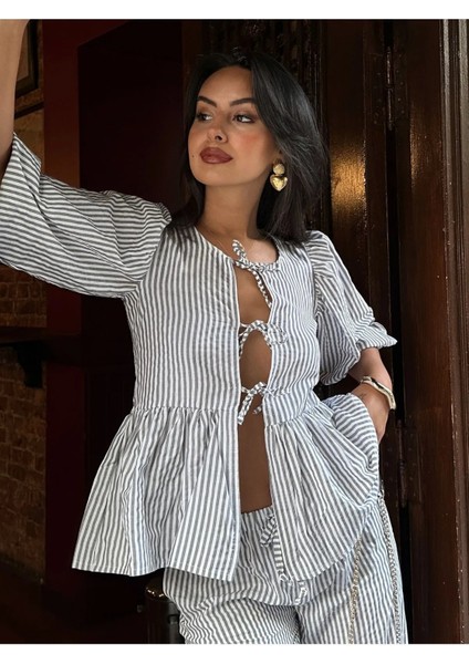 Bluz Fiyonklu Balon Kollu Çizgili Poplin Kadın Bluz