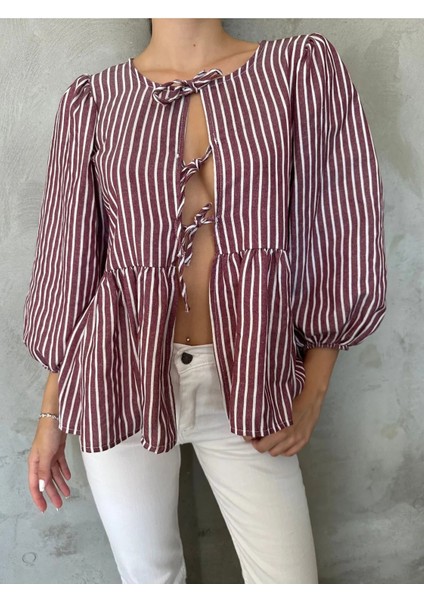 Bluz Fiyonklu Balon Kollu Çizgili Poplin Kadın Bluz