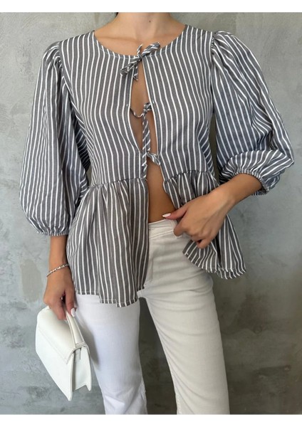 Bluz Fiyonklu Balon Kollu Çizgili Poplin Kadın Bluz