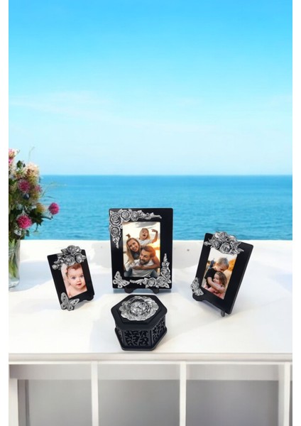 Gül ve Kelebek Motifli Polyester Fotoğraf Çerçeveleri ve Şekerlik - Altın/gümüş