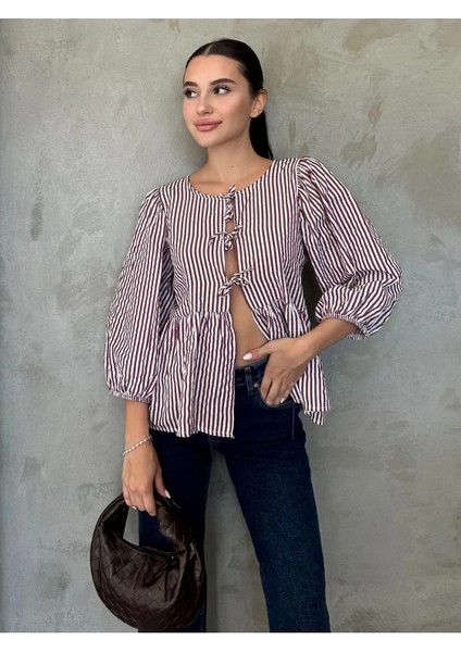 Bluz Fiyonklu Balon Kollu Çizgili Poplin Kadın Bluz