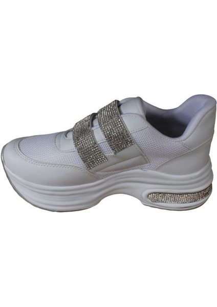 Yazkış Kadın Siyah Beyaz Fileli Çırtlı Çırtı ve Tabanı Taşlı 5cm Kalın Taban Sneaker Fashıon Spor Ay modelleri