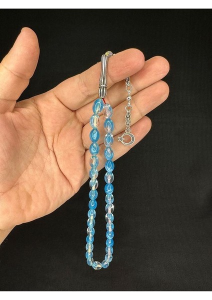 Toz Kehribar Tesbih Mavi Renkli Beyzi Kesim 10MMX6,5MM T-680