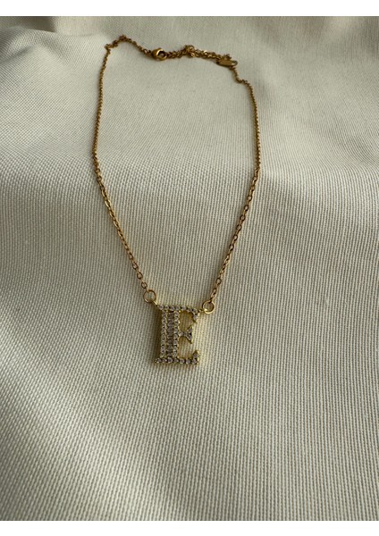 Çelik Zirkon Taşlı E Harf Kolye