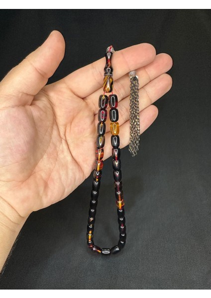 Sıkma Kehribar Tesbih Siyah-Sarı Renkli Kapsül Kesim 11 mmX8 mm T-616