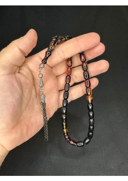 Sıkma Kehribar Tesbih Siyah-Sarı Renkli Kapsül Kesim 11 mmX8 mm T-616 fiyatları