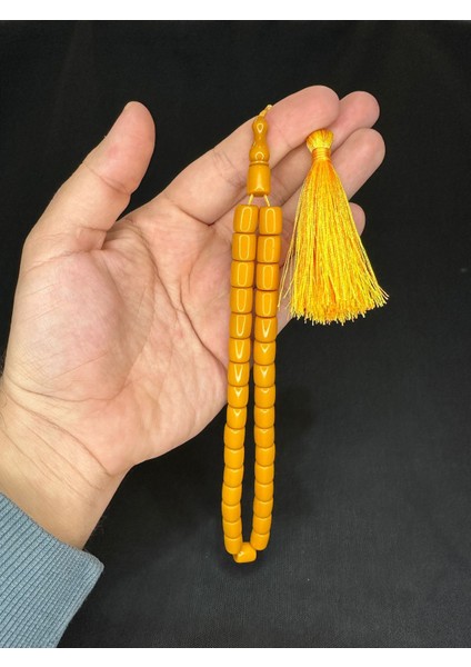 Sıkma Kehribar Tesbih Koyu Sarı Renkli Kapsül Kesim 10,5 mmX9 mm T-610