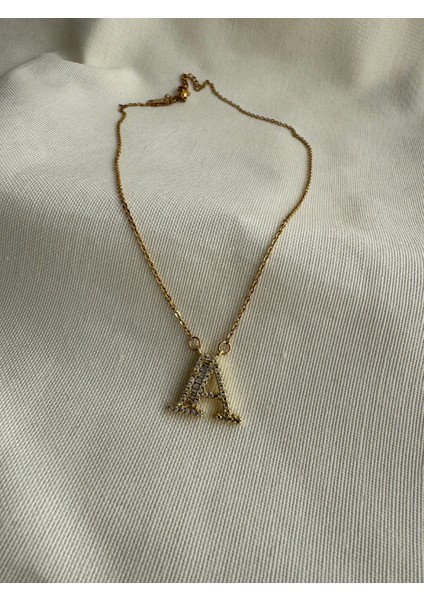 Çelik Zirkon Taşlı A Harf Kolye