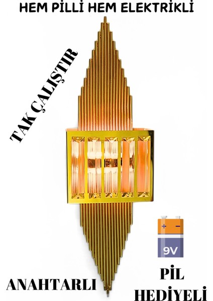 Pramit Gold Aplik Pilli ve Elektrikli 2'si 1 Arada Ledli Duvar Aplik, Tak Çalıştır, Kablosuz Aplik