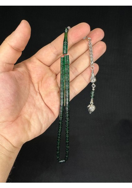 Gümüş Işlemeli Ateş Kehribar Tesbih Yeşil Renkli Kesme Kesim 10,5mmx5,5mm T-650