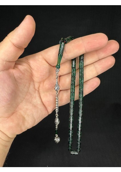 Gümüş Işlemeli Ateş Kehribar Tesbih Yeşil Renkli Kesme Kesim 10,5mmx5,5mm T-650