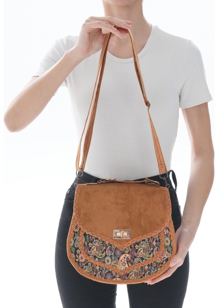 Iran Işi El Yapımı Etnik Desenli Süet Vizon Askılı Orta Boy Omuz Çantası