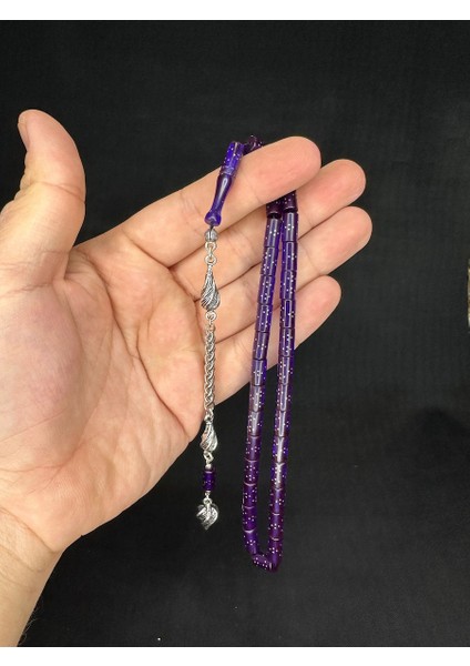 Gümüş Işlemeli Ateş Kehribar Tesbih Lacivert Renkli Kesme Kesim 10,5mmx5,5mm T-651