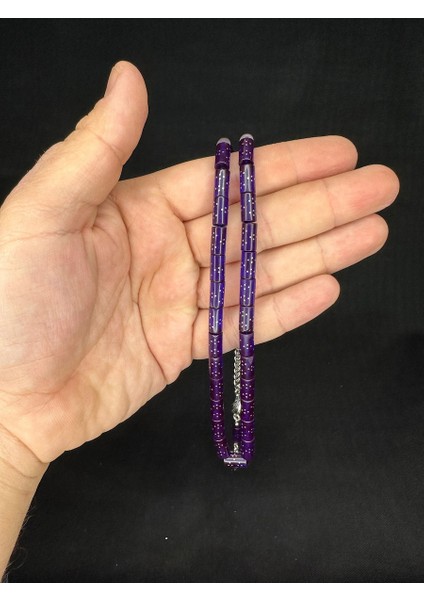 Gümüş Işlemeli Ateş Kehribar Tesbih Lacivert Renkli Kesme Kesim 10,5mmx5,5mm T-651